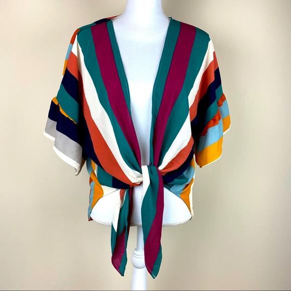 vine & love Tops - Vine & Love Striped 70s Vibe Tie Front Kimono